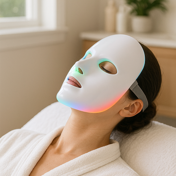 A woman in a white robe using an advanced LED light therapy face mask in a serene, modern bathroom. The setting includes a wooden chair, a lush green plant, and a sleek sink, creating a spa-like ambiance. The mask emits a soft glow, highlighting its skin rejuvenation and anti-aging benefits.