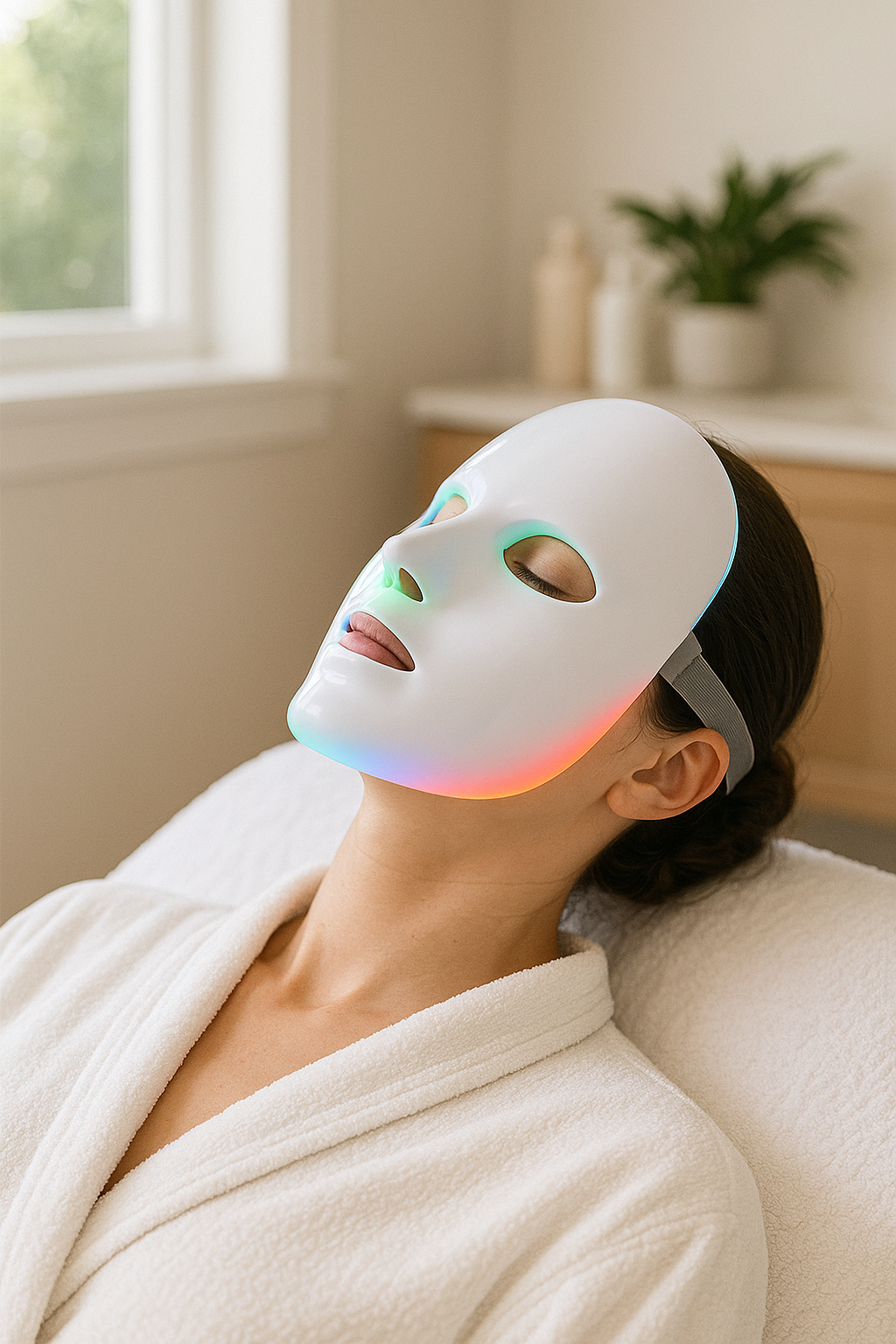 A woman in a white robe using an advanced LED light therapy face mask in a serene, modern bathroom. The setting includes a wooden chair, a lush green plant, and a sleek sink, creating a spa-like ambiance. The mask emits a soft glow, highlighting its skin rejuvenation and anti-aging benefits.