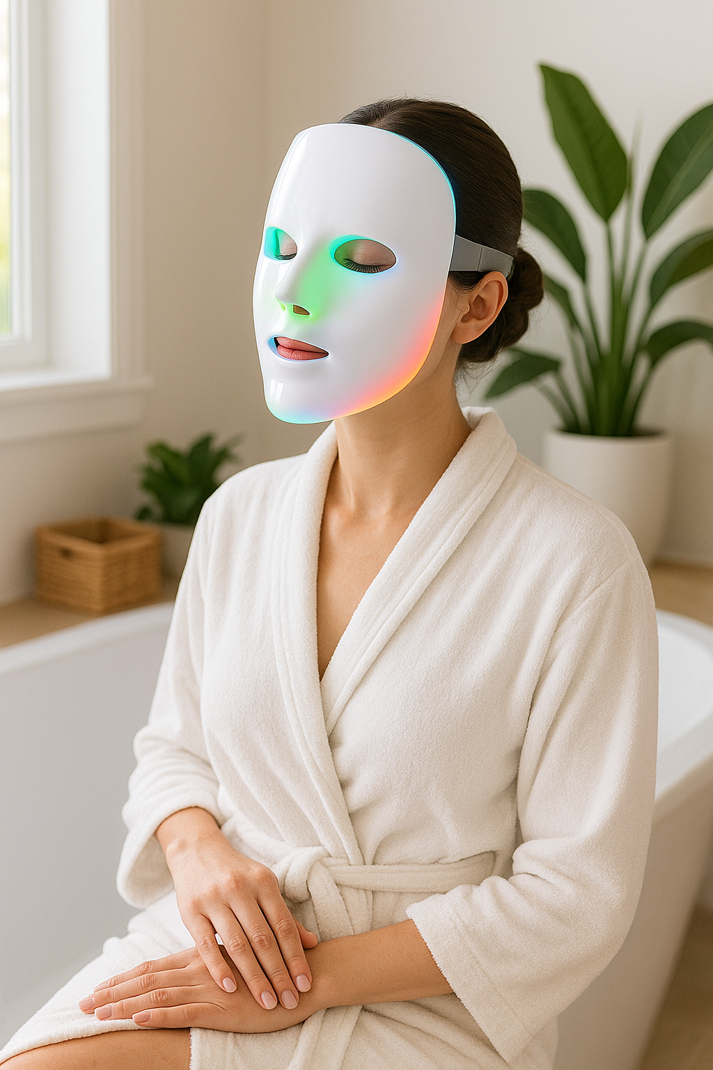 A serene bathroom scene featuring a woman in a white robe using a Premium LED light therapy face mask for skin rejuvenation and anti-aging benefits. The setting includes a modern wooden chair, a lush potted plant, and a sleek bathroom sink.